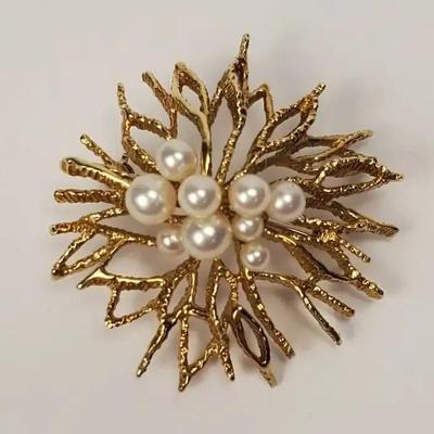 14K Gold Frank J Golden Vintage Pearl Cluster Brooch - 1.5" Dia