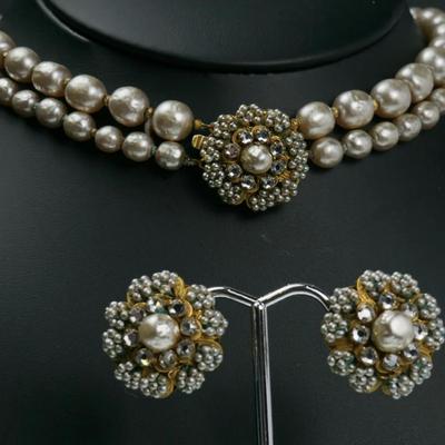 Miriam Haskell Vintage Faux Baroque Pearl Necklace & Earrings