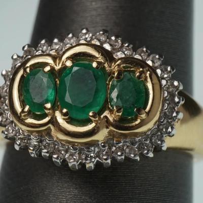 14K Gold Triple Emerald & Diamond Halo Ring- Size 6.75