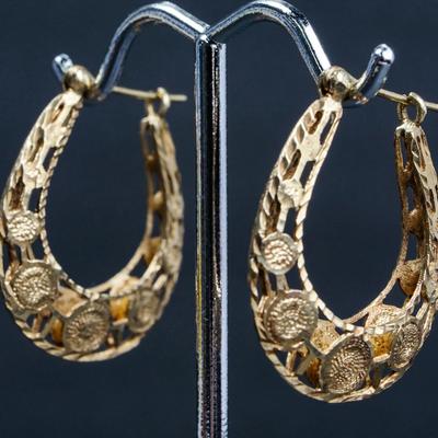 14K Gold Openwork Hoop Earrings - 1"