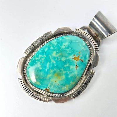 Sterling Silver Navajo Denna Platero Signed Large Turquoise Pendant - 3" Long