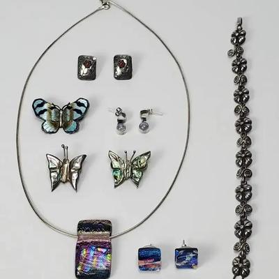 Sterling Silver Butterfly Brooches, 7.25" Floral Bracelet, 17" Dichroic Glass Necklace, More