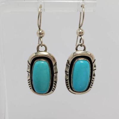 Sterling Silver Navajo Bea Johnson Signed Turquoise Earrings -  1.25" Long