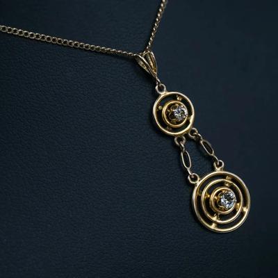 14K Gold Diamond Accented Double Circle Pendant On 14K 17" Necklace