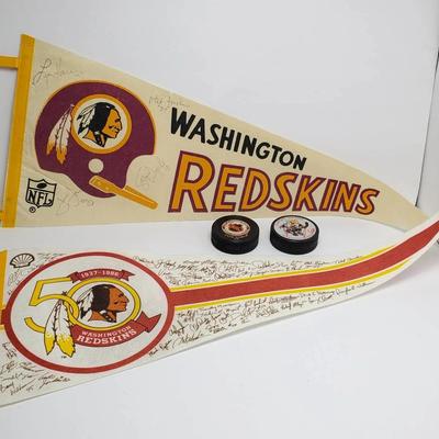 Vintage 1970s Washington Redskins Autographed Pennant, Signed Capitals Pucks, More