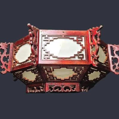 Hand-Carved Chinese Wooden Ceiling Lantern Light Fixture - 25x25x10"