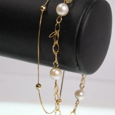14K Gold Pearl & Gold Bead Station Bracelets - 7.5" & 7"
