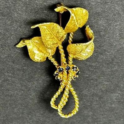 14K Gold Sapphire Accented Vintage Leaf Bundle Brooch  -2" Long