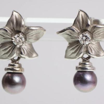 14K White Gold Diamond & 5.4 Tahitian Pearl Earrings - 5/8" Long