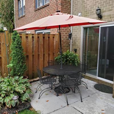 Wrought Iron Patio Table 48x29”, Chairs 23x23x34”, Umbrella & Base