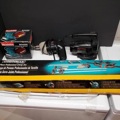 Columbian 12 Piece Clamp Set, Makita Finishing Sander, Black & Decker Jigsaw & Corded Drill