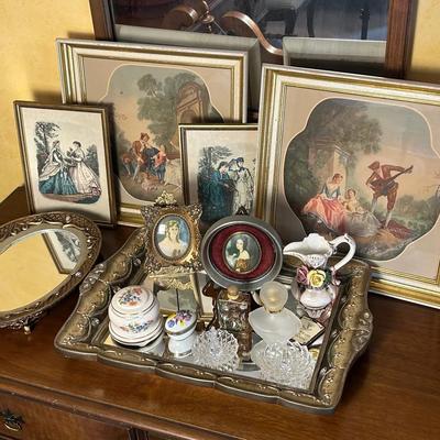 Boudoir Decor: Mirrored Dresser Trays, Prints, Perfume Bottle, Ring Caddies, More
