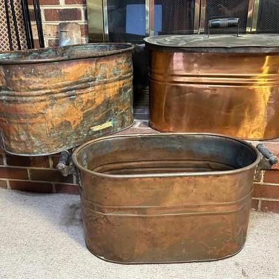 Primitive Copper Boiler with Tin Lid & 2 Additional Copper Boilers, Rustic Firewood Holders 27x14x14