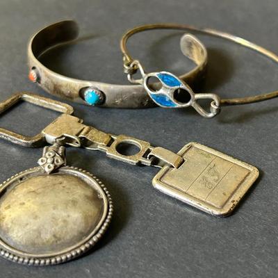 Sterling Silver Pendant, Keychain, & Cuff With Coral/Turquoise + 800 Silver Bracelet