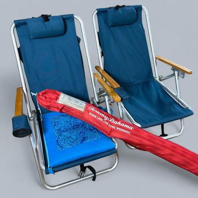 Tommy Bahama Adjustable Umbrella & 2 WearEver Backpack Beach Chairs