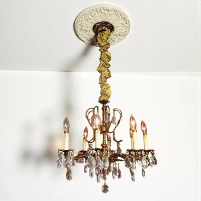 Vintage Brass Crystal 8 Arm Chandelier - 19” Tall, 21” Diameter