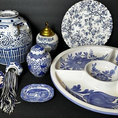 Blue & White Ceramics: Asian Teapot, Italian Antipasti Bowl, Maryland Tobacco Jar, More