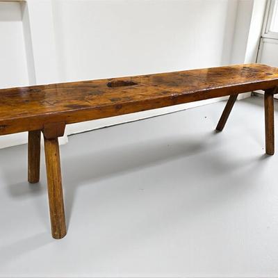 Antique Primitive Rustic Bench – Thick Seat & Splayed Legs, 62” x 14” x 17”