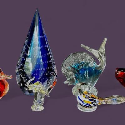 Glass Figurines & Pyramid Paperweight 8”h