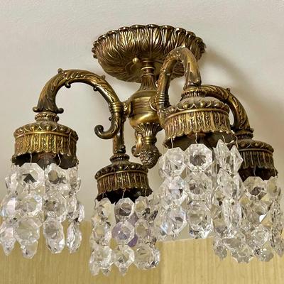 Brass & Crystal 4 Arm Flush Mount Chandelier - 14” Diameter, 10” Drop
