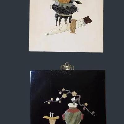 Asian Inlaid Polished Jade & Stone Plaques - 14x12”