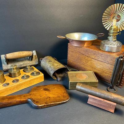 Vintage Brass Weight Set, Chatillon Hangin Scale, Cowbell, Oil Lamp, Kaleidoscope & More