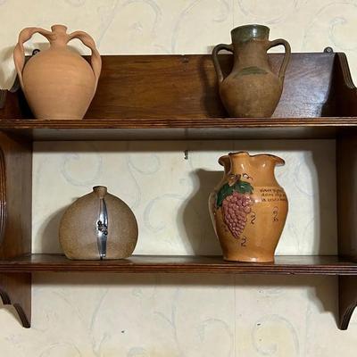 Vintage Wood Wall Shelf With Clay & Stoneware Vessels