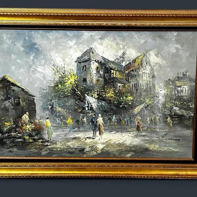 Mid Century Style Parisian Street Scene Painting Signed Capther