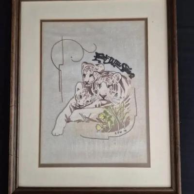 “Tiger Family” Vintage Framed Crewel Embroidery 