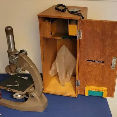 Vintage Propper Microscope and Wooden Storage Box