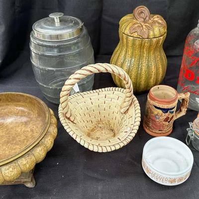 Mixed Lot of Vintage Kitchen & Home Decor - Glass Jar, Pumpkin, Basket, Bowl