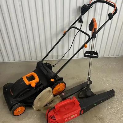 Lot of 3 Yard Tools - Electric Lawnmower, String Trimmer, and Blower