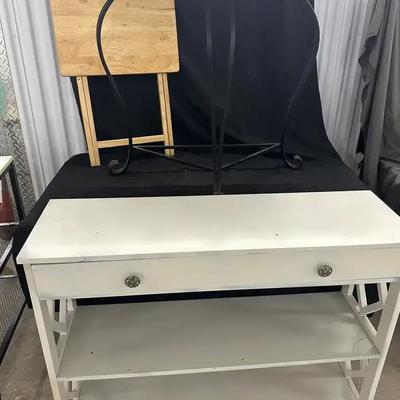 Lot of 3 Tables - White Console, Metal Scrollwork Console, and Folding Tray Table