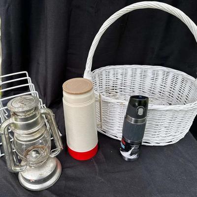 Mixed Lot - Vintage Lantern, Thermos, & Wicker Basket