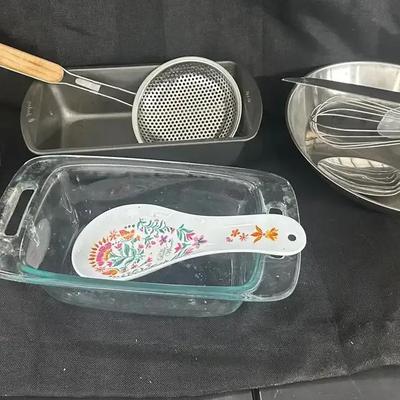Mixed Kitchen Utensils & Bakeware Lot - Glass Dish, Loaf Pan, Whisks, Ladles & More