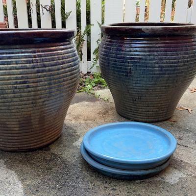 Two Large Ceramic Pottters w Saucers 