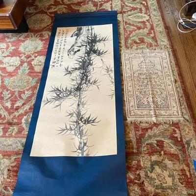 Hand Painted Chinese Brush Painting Scroll And Prayer Rug