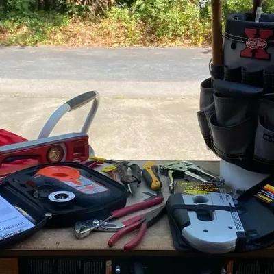 Tool Bucket with Various hand tools and New Black and Decker Bulls Eye Laser Level  And More! 