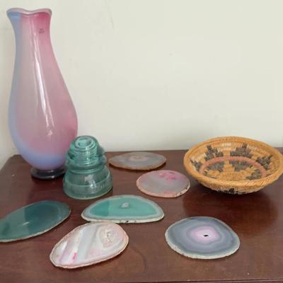 Geodes, Glass Vase, Vintage Lightpole Insulator And A Basket 