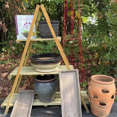 Ceramic Pots And Outdoor Wooden Shelf & Plant Cage  
