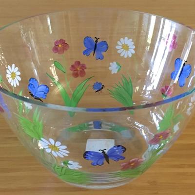 Lenox Glass Bowl - "Butterflies & Blossoms" 9" NIB with COA - White Daisies and Blue Butterflies