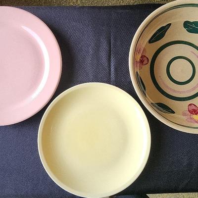 Set Of (3) Decorative Plates: TST 1941 Lu-Ray Sharon Pink Cake Plate, Vintage Pasta Bowl, Paden City