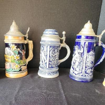 Porcelain Lidded German Beer Steins, Vintage