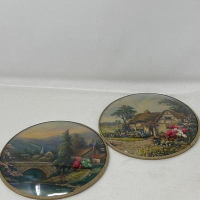 Pair of Vintage Convex Flue Covers with Pastoral Scenes