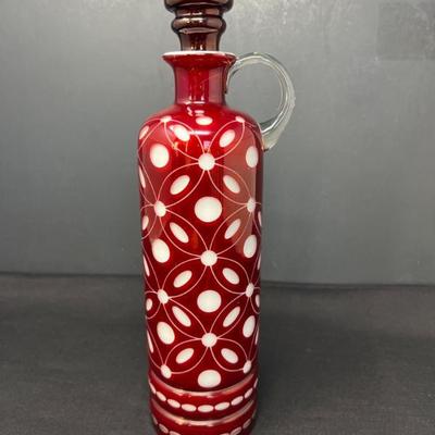 Bohemian Red Cut to White Glass Decanter - Vintage Czech Crystal