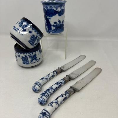 Blue & White Porcelain Containers with Gorham Porcelain Handled Utensil