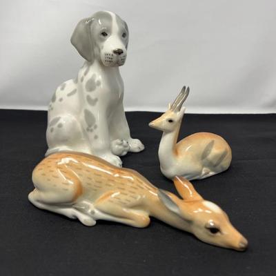 Lomonosov USSR Porcelain Figurines – Deer, Dalmatian Dog, and Antelope