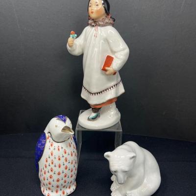 Yakut with Rose Losonov Porcelain Figure, Lladro Bear, and Tapestry Penquin
