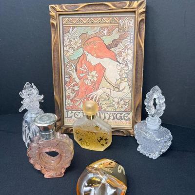 Art Nouveau Style Print and Five Perfume Bottles