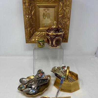 Cranberry Glass, Enamel Trinket, Unmarked Gold Basket & Pickard Leaf